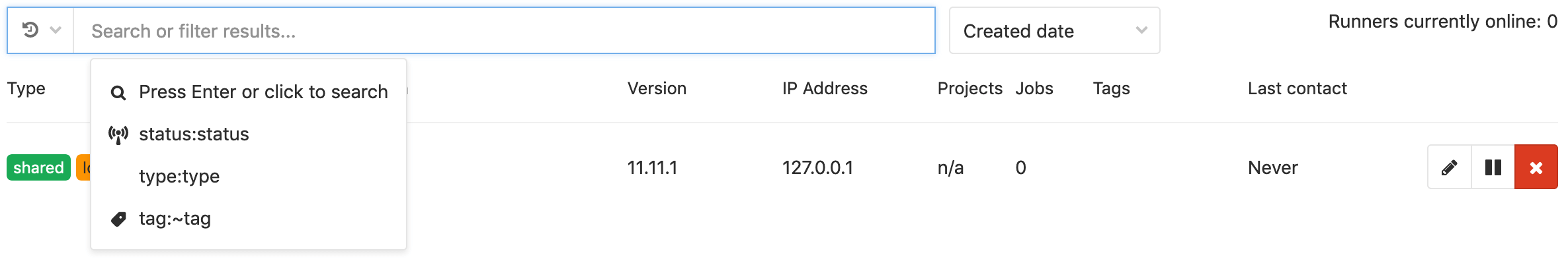 Attributes of a runner, with the **Search or filter results...** field active