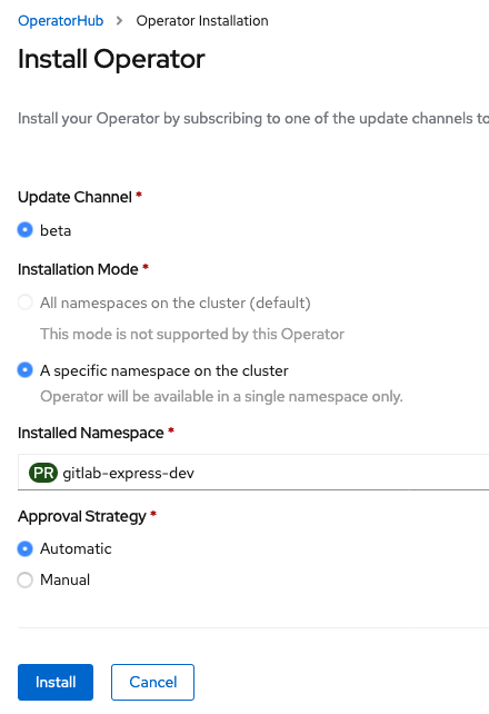 GitLab Operator Install Page